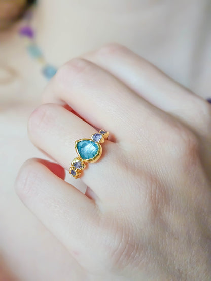 Bague Aigue Marine & Améthyste, dorée