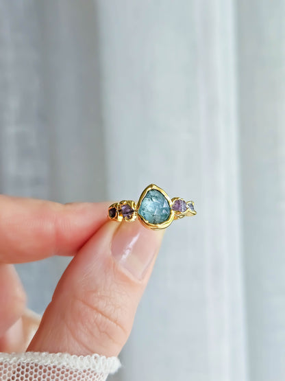 Bague Aigue Marine & Améthyste, dorée