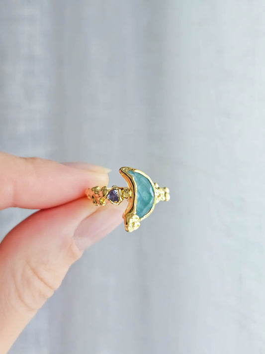 Bague lune fluorite, dorée, T49