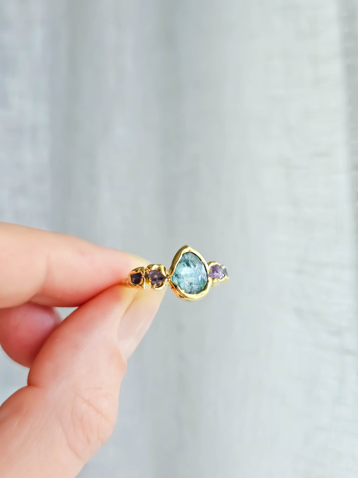 Bague Aigue Marine & Améthyste, dorée