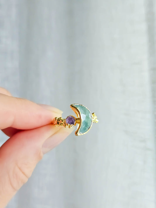 Bague lune fluorite, dorée, T52