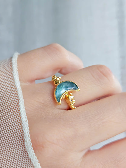 Bague lune fluorite, dorée, T52