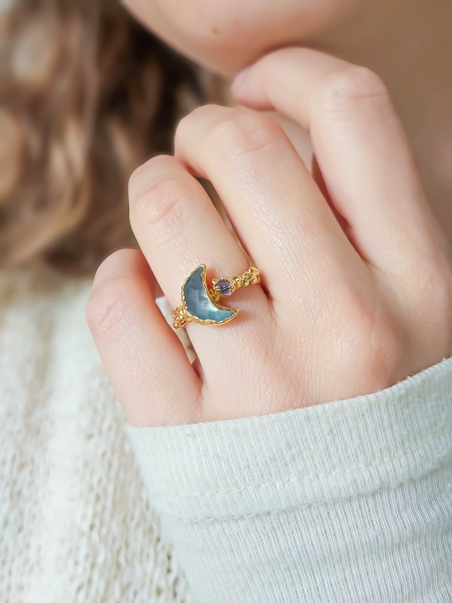 Bague lune fluorite, dorée, T52