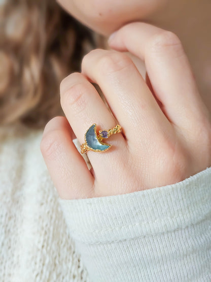 Bague lune fluorite, dorée, T52