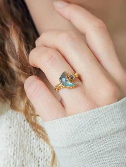 Bague lune fluorite, dorée, T52