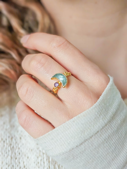 Bague lune fluorite, dorée, T52