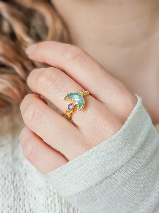 Bague lune fluorite, dorée, T52