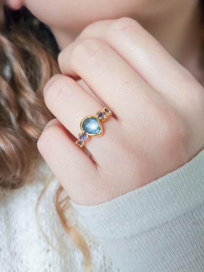 Bague Aigue Marine & Améthyste, dorée