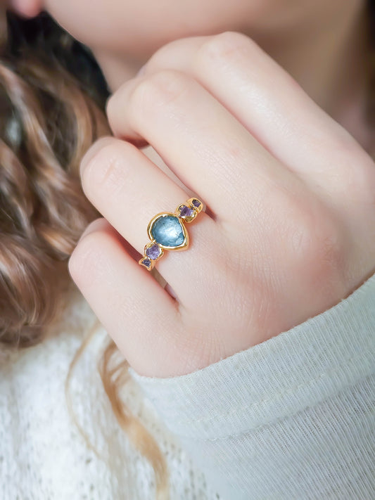 Bague Aigue Marine & Améthyste, dorée