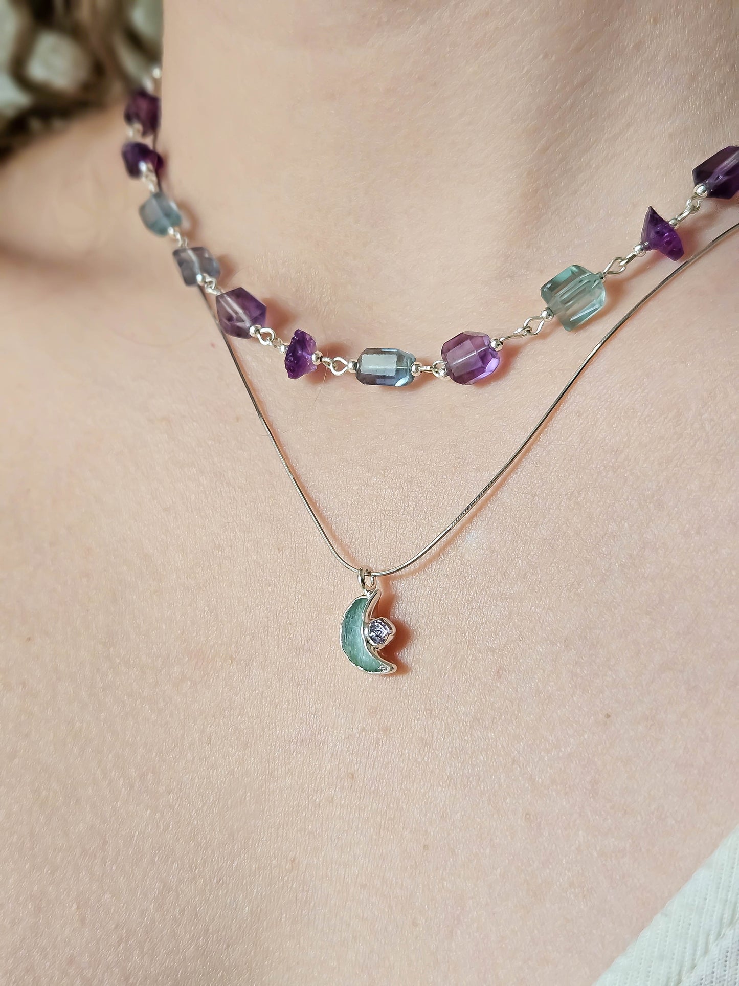Collier lune en fluorite, Argent