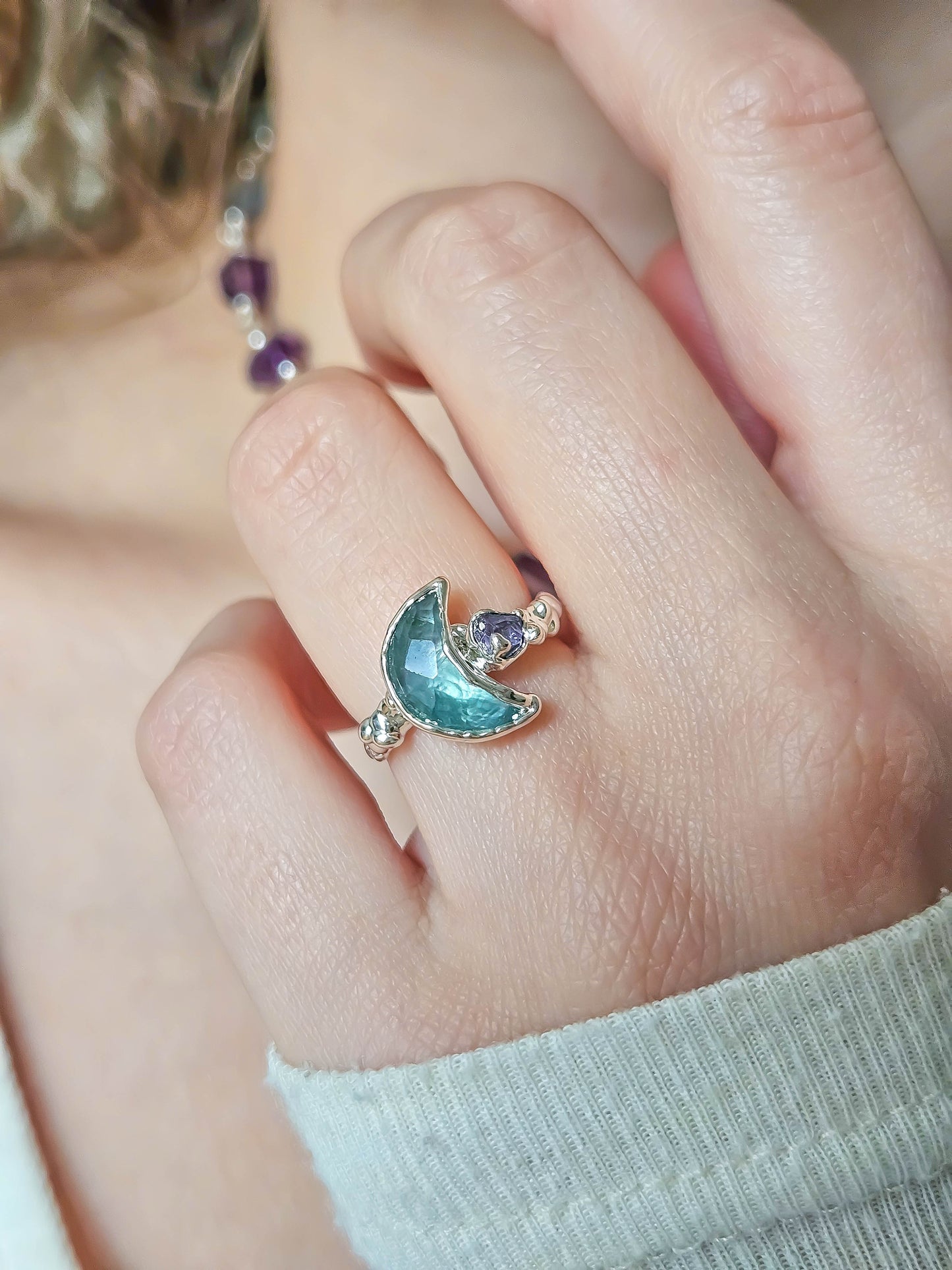 Bague lune fluorite,Argent, T49/50/52/54