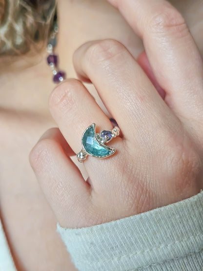 Bague lune fluorite,Argent, T49/50/52/54