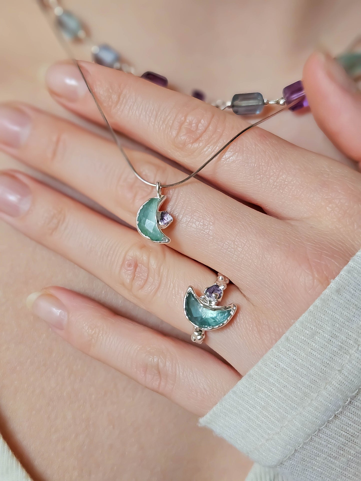 Collier lune en fluorite, Argent