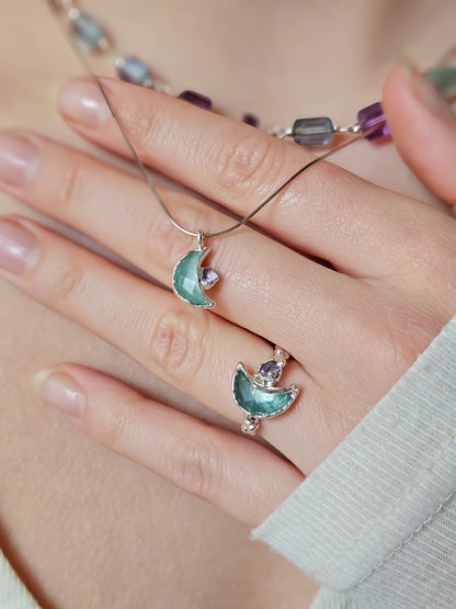 Collier lune en fluorite, Argent