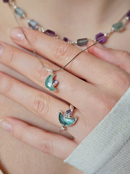 Collier lune en fluorite, Argent
