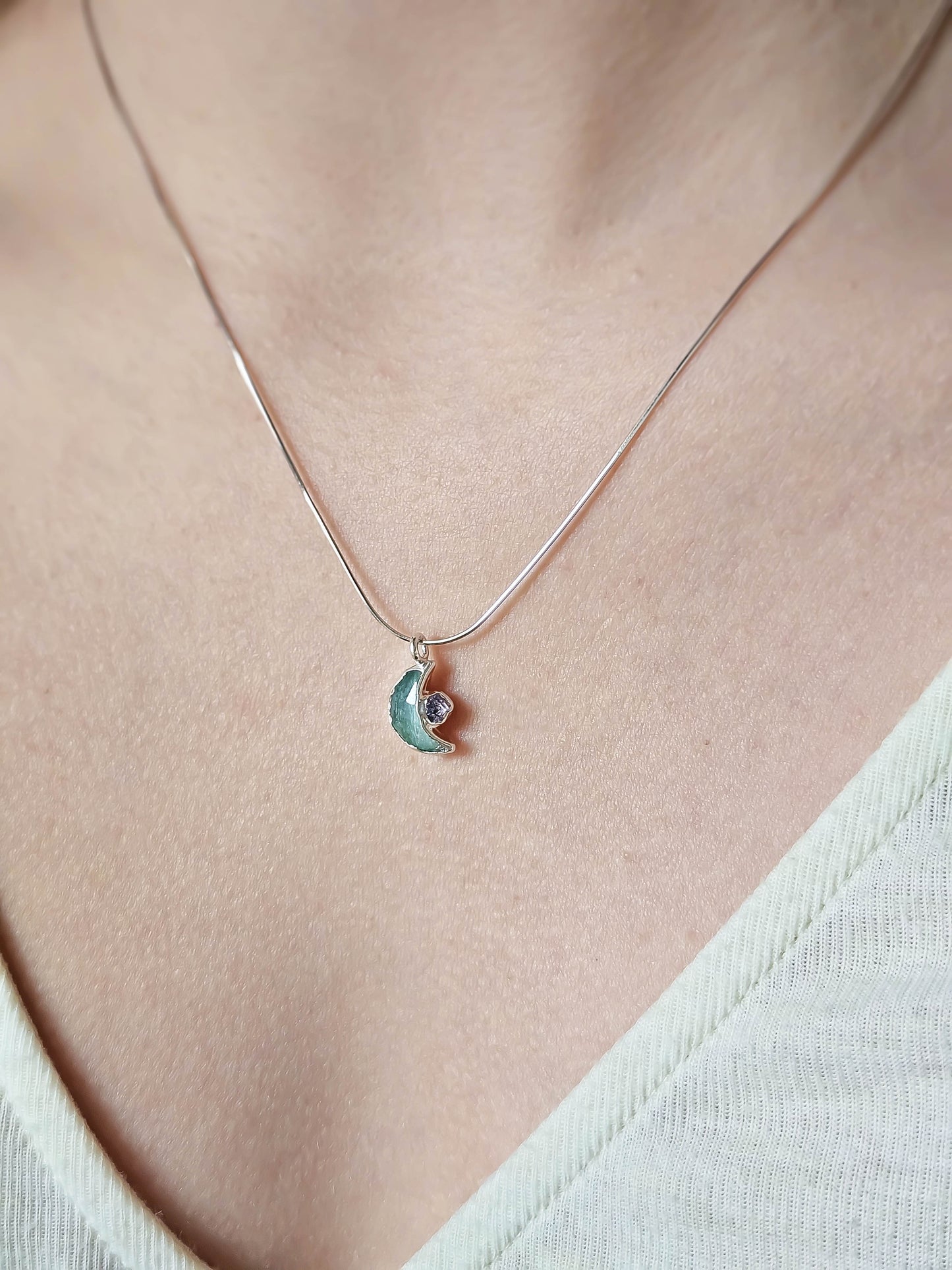 Collier lune en fluorite, Argent