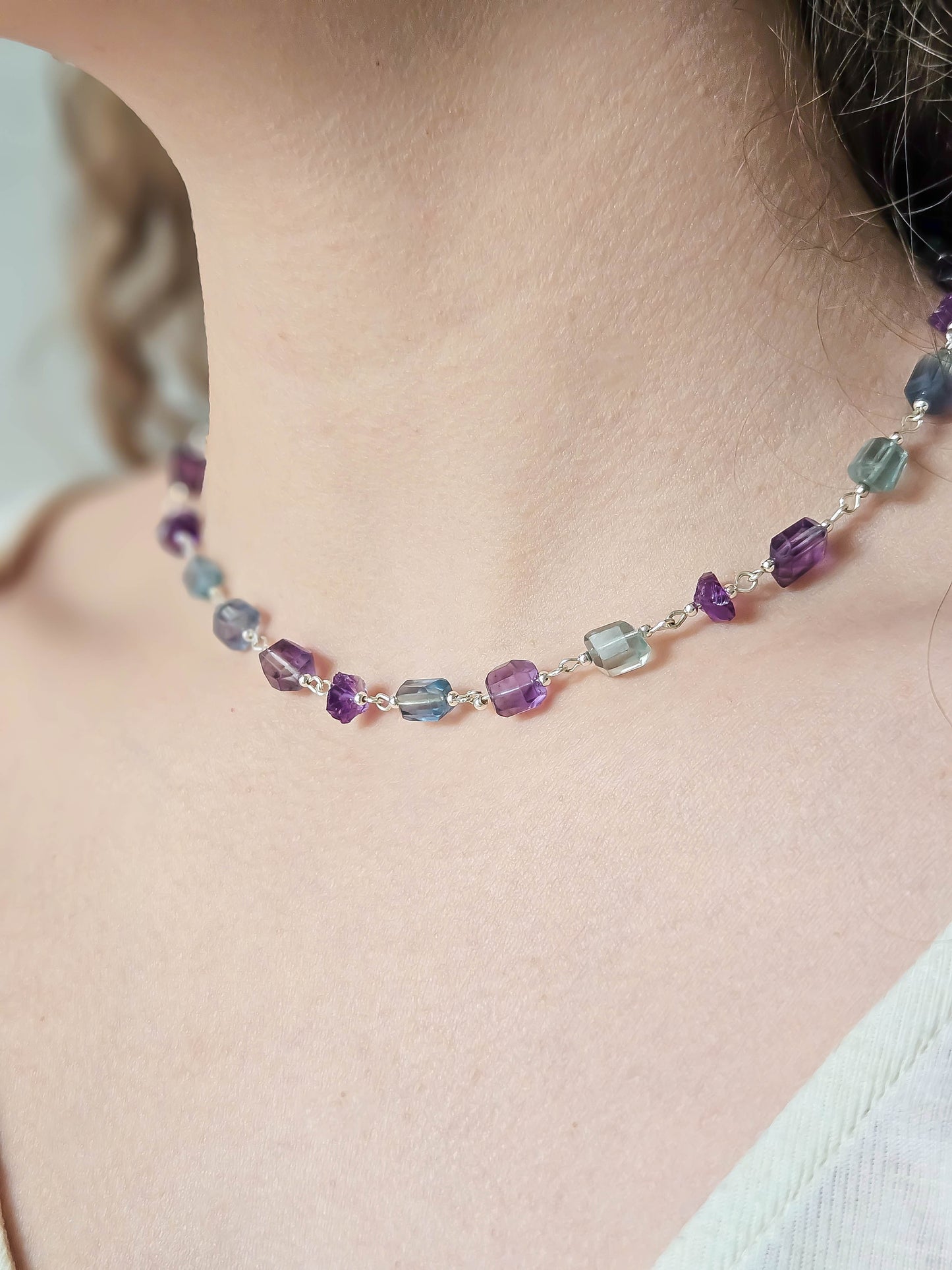 Collier en fluorite bleue & violette, Argent