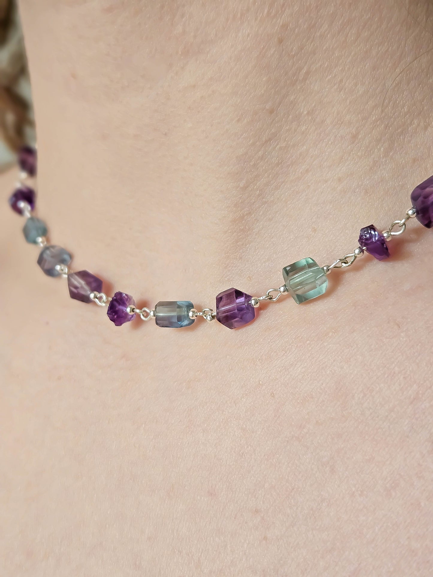 Collier en fluorite bleue & violette, Argent