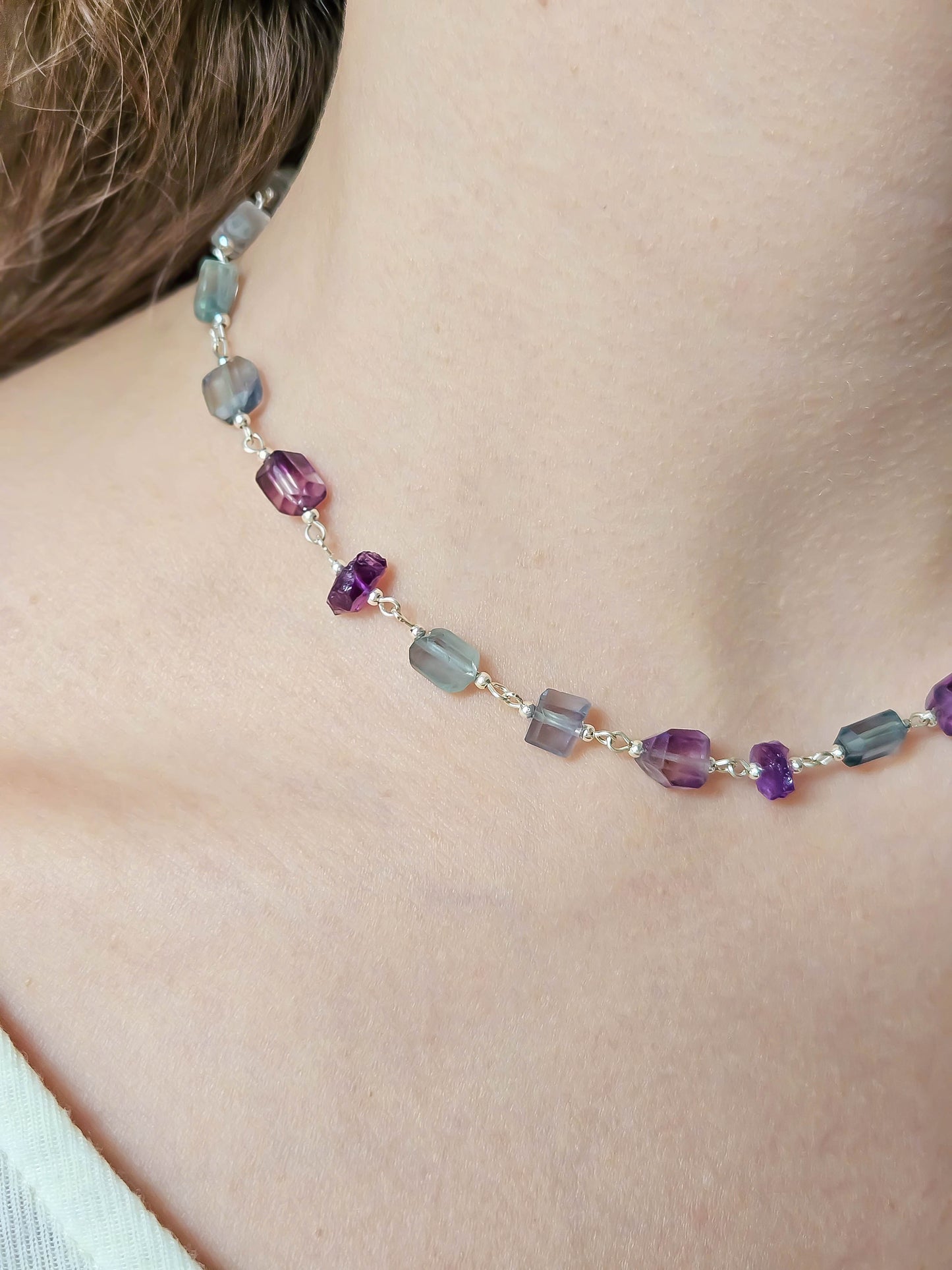 Collier en fluorite bleue & violette, Argent