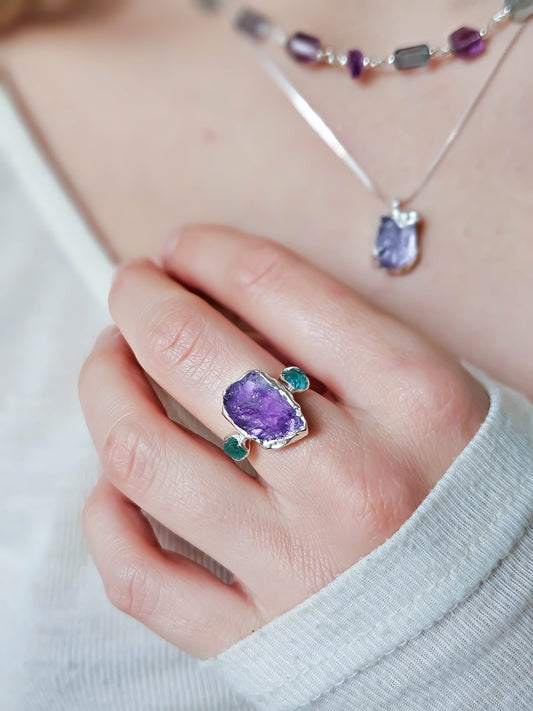 Bague Améthyste et pépite d'Apatite, Argent