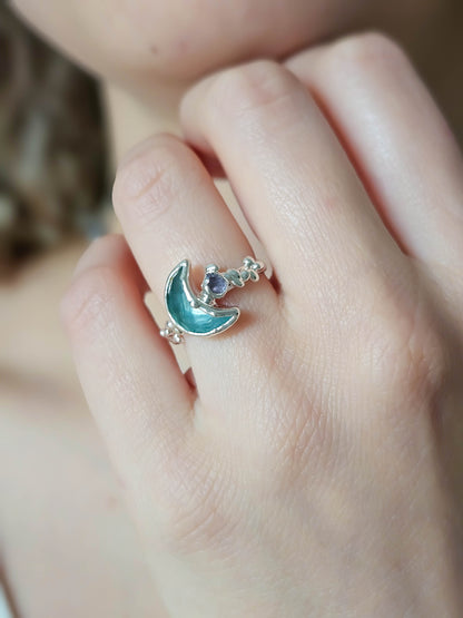 Bague lune fluorite,Argent, T49/50/52/54