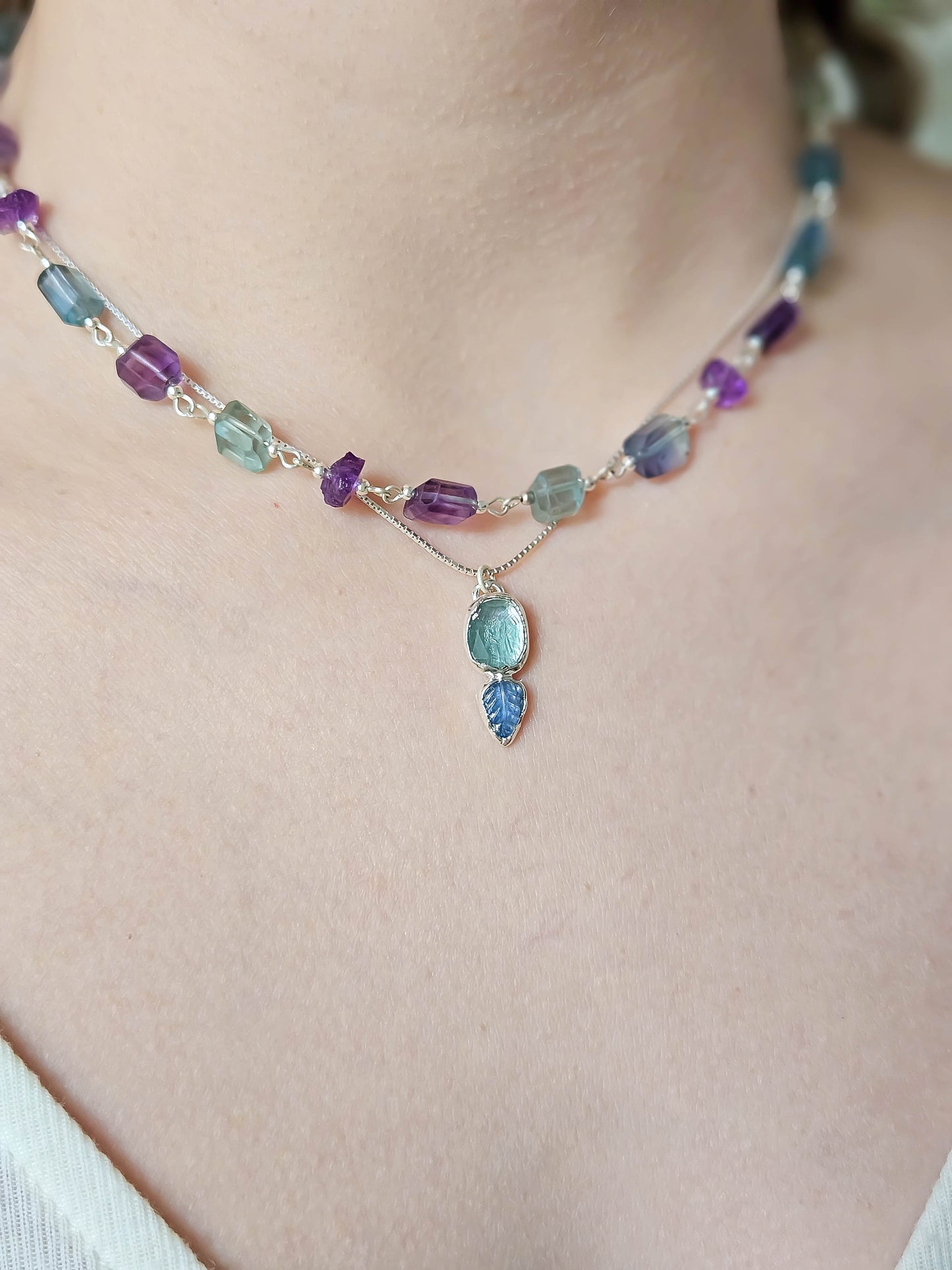 Pendentif en Fluorite bleue et tanzanite, Argent