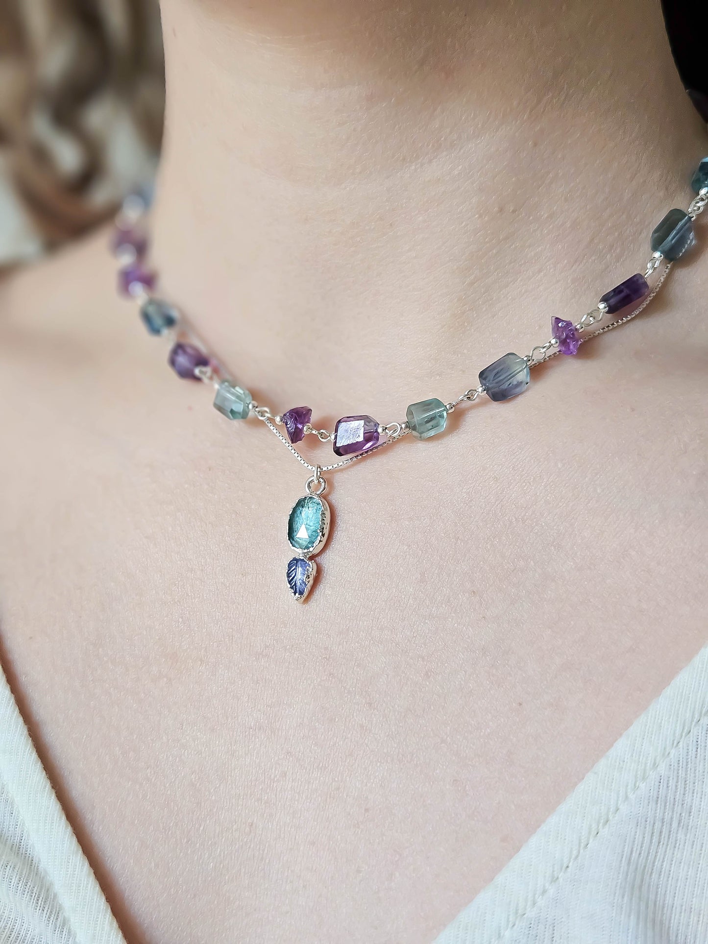 Collier en fluorite bleue & violette, Argent