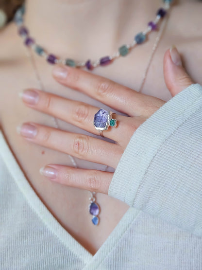 Bague Améthyste et pépite d'Apatite, Argent