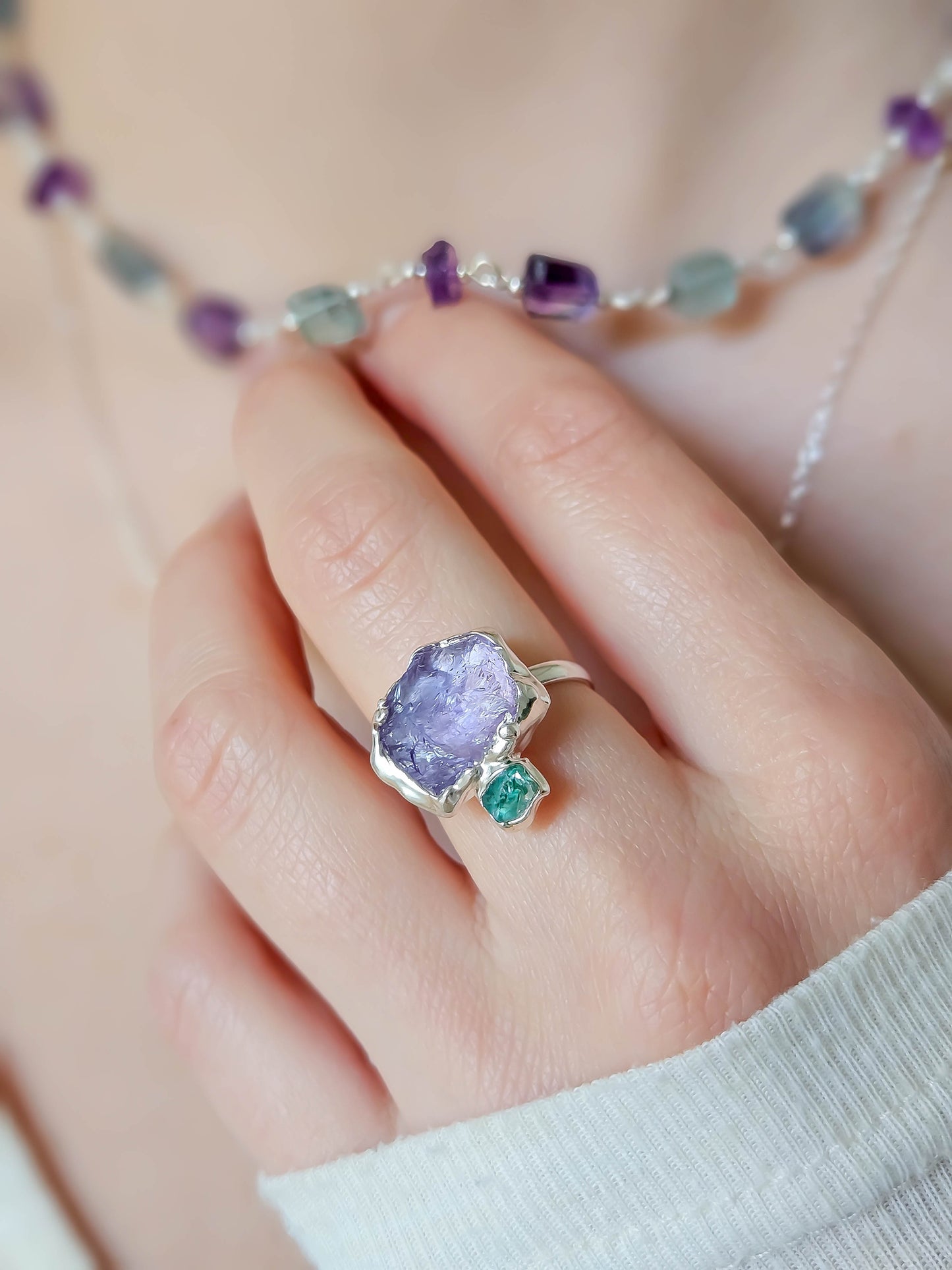 Bague Améthyste et pépite d'Apatite, Argent