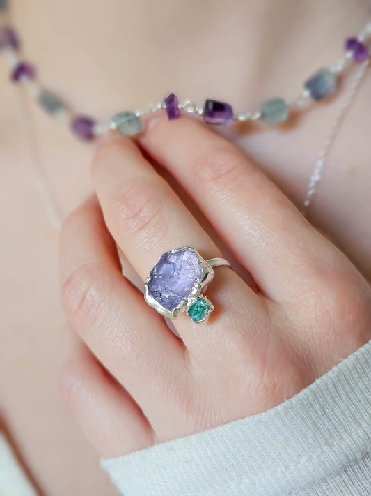 Bague Améthyste et pépite d'Apatite, Argent
