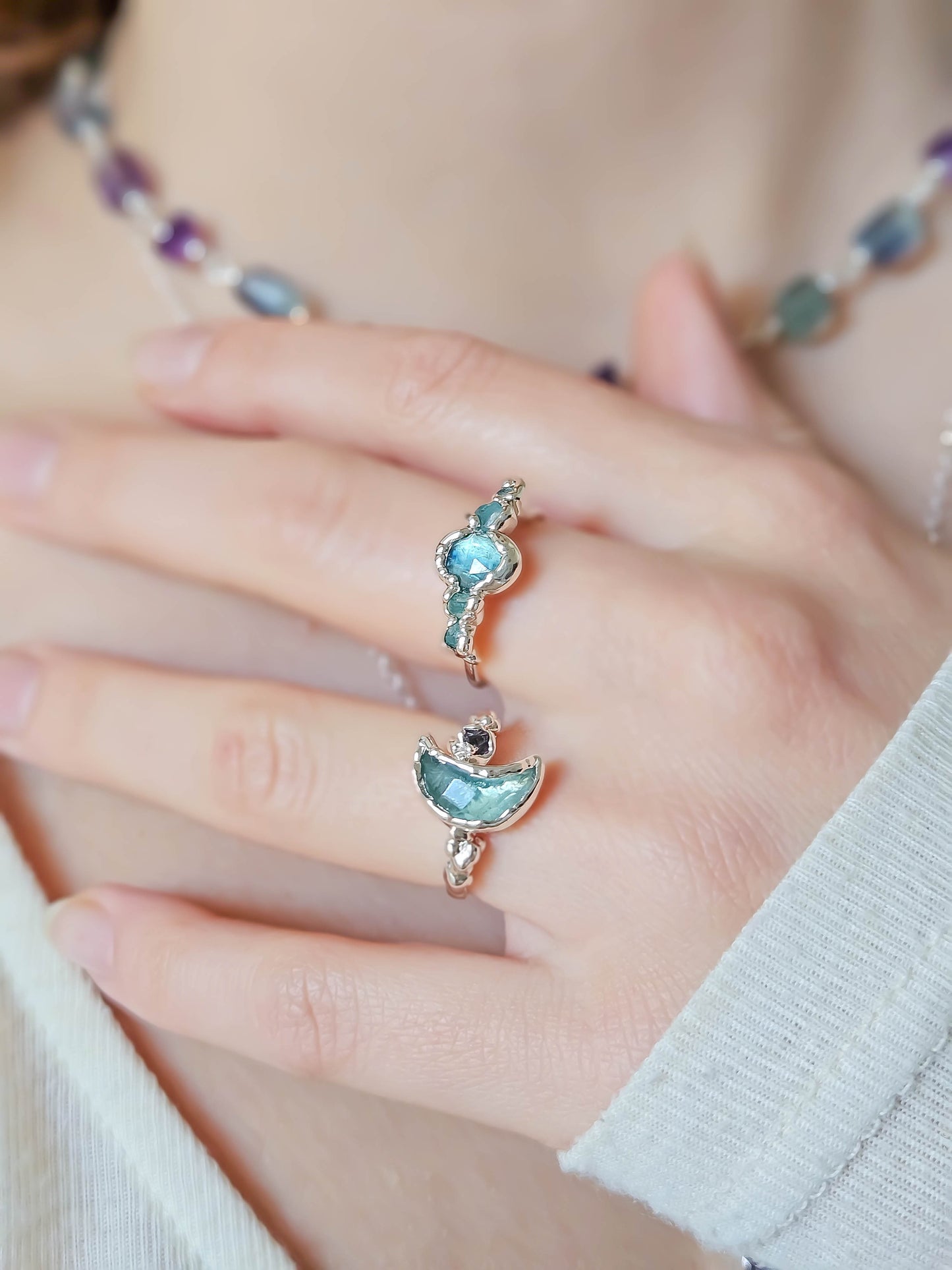 Bague lune fluorite,Argent, T49/50/52/54