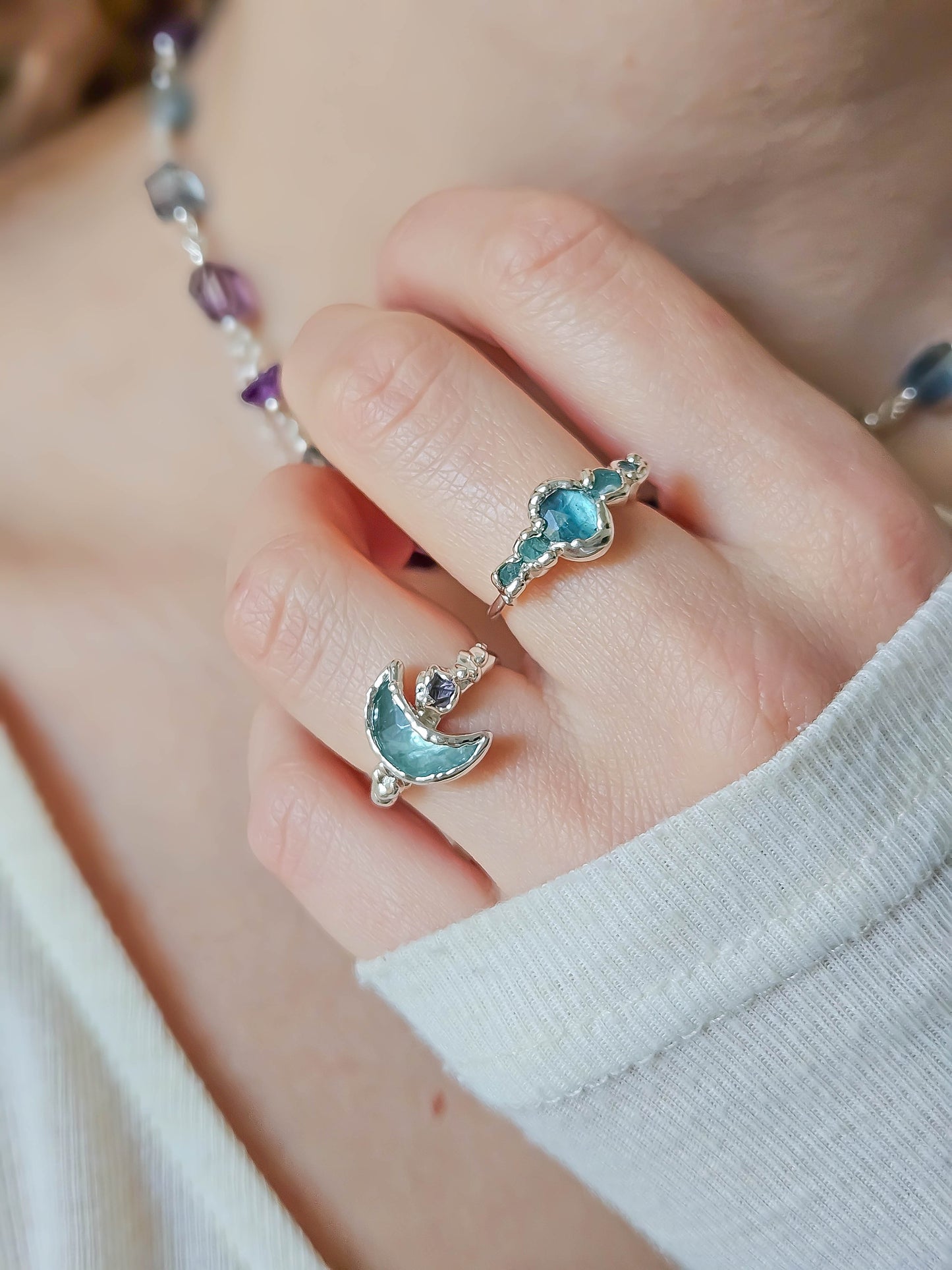 Bague lune fluorite,Argent, T49/50/52/54