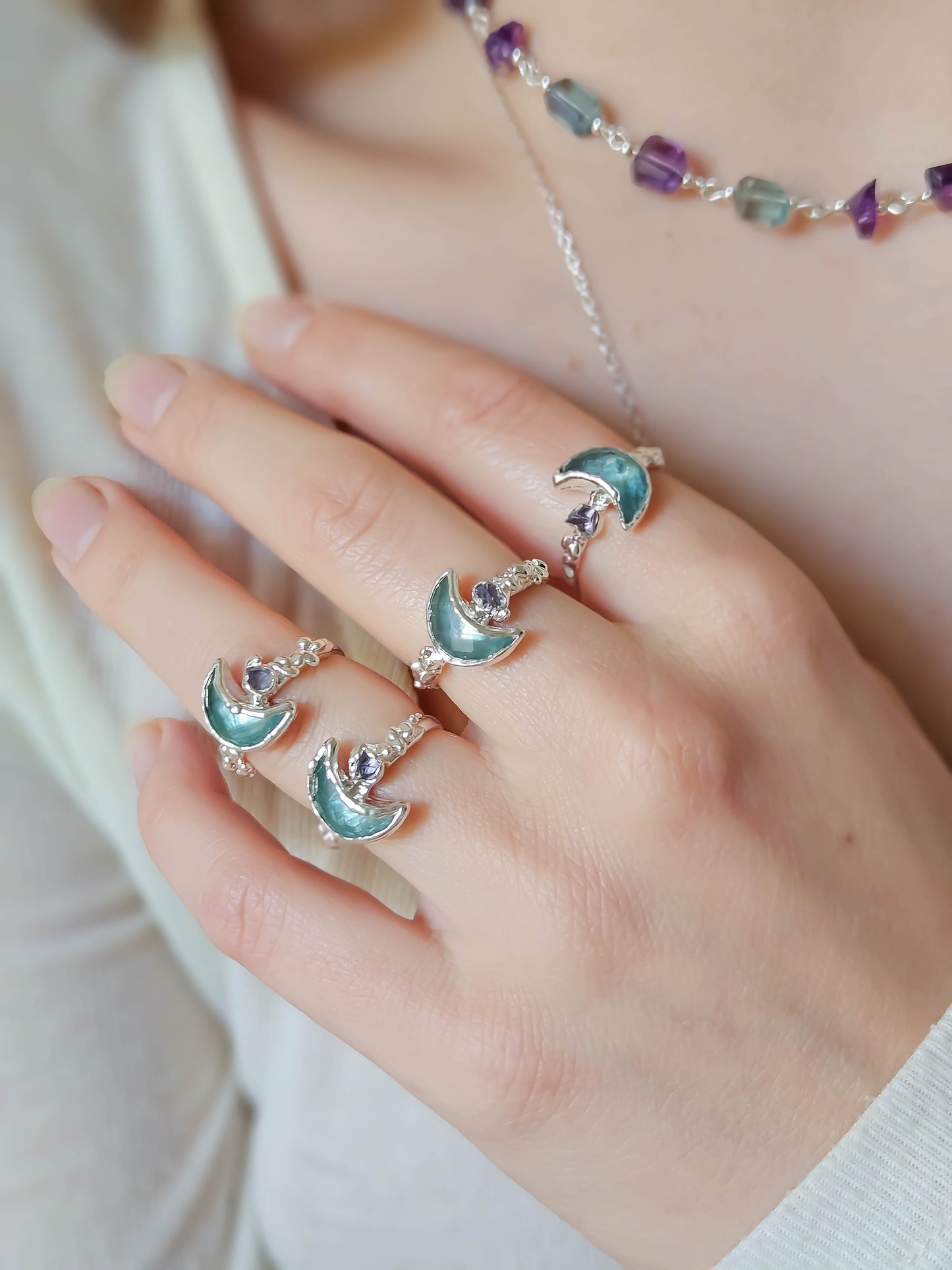 Bague lune fluorite,Argent, T49/50/52/54