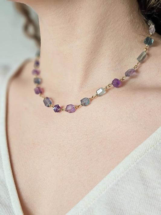 Collier en fluorite bleue & violette, doré