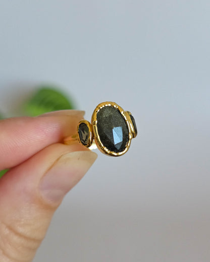 Bague obsidienne & cristal autrichien, réglable T52-54