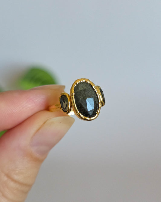 Bague obsidienne & cristal autrichien, réglable T52-54