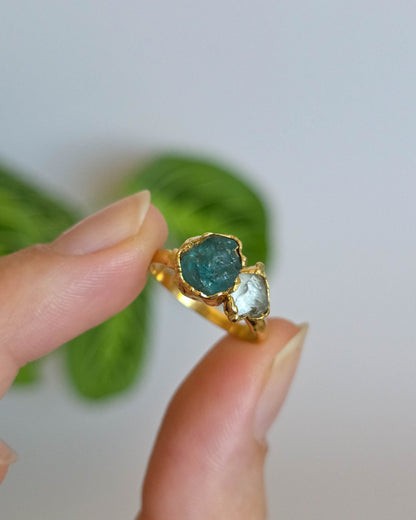 Bague Apatite foncée et diamant Herkimer, T51