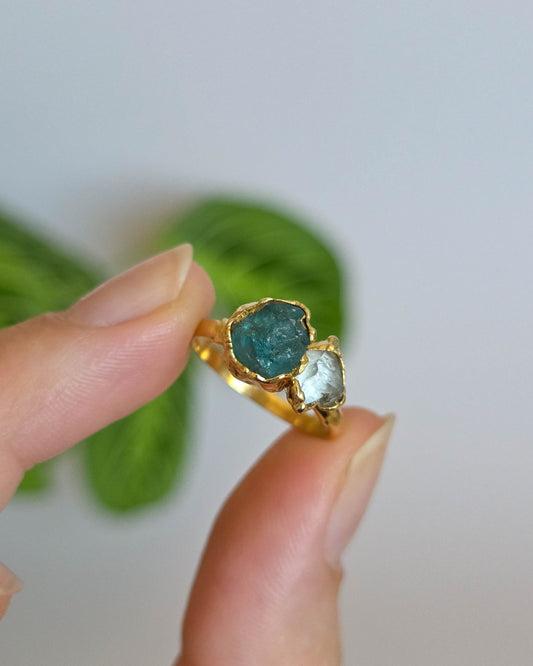 Bague Apatite foncée et diamant Herkimer, T51