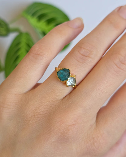 Bague Apatite foncée et diamant Herkimer, T51