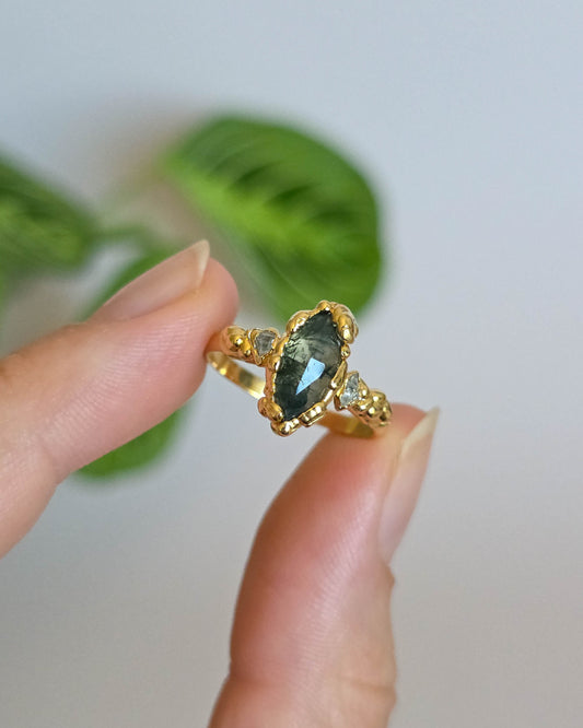 Bague Agate mousse& diamant herkimer, T54