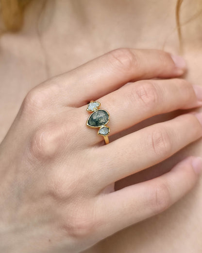 Bague Agate mousse poire, Réglable T63/65, Dorée