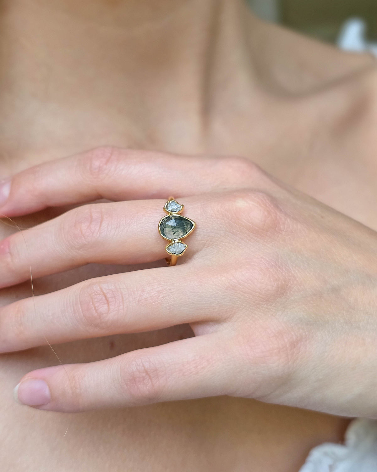 Bague Agate mousse poire, Réglable T63/65, Dorée