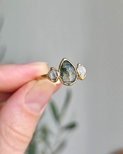 Bague Agate mousse poire, Réglable T63/65, Dorée