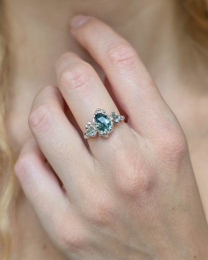 Bague Agate mousse poire, Réglable T54/57, Argenté