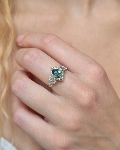 Bague Agate mousse poire, Réglable T54/57, Argenté