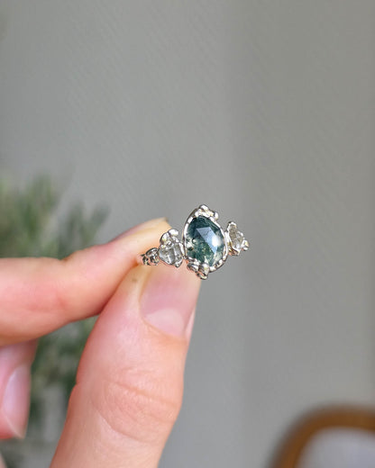 Bague Agate mousse poire, Réglable T54/57, Argenté