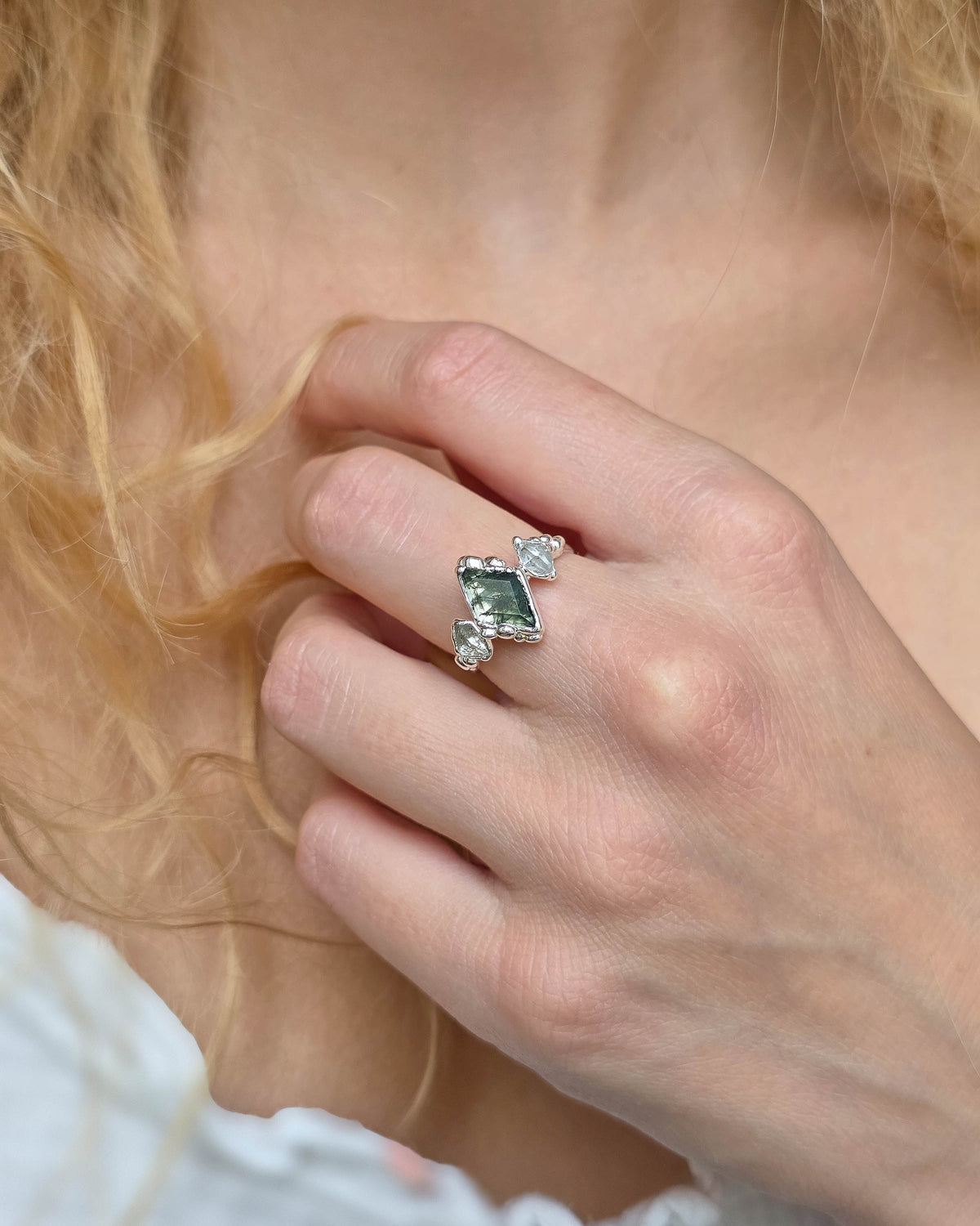 Bague Agate mousse losange, Réglable T56/59, Argenté