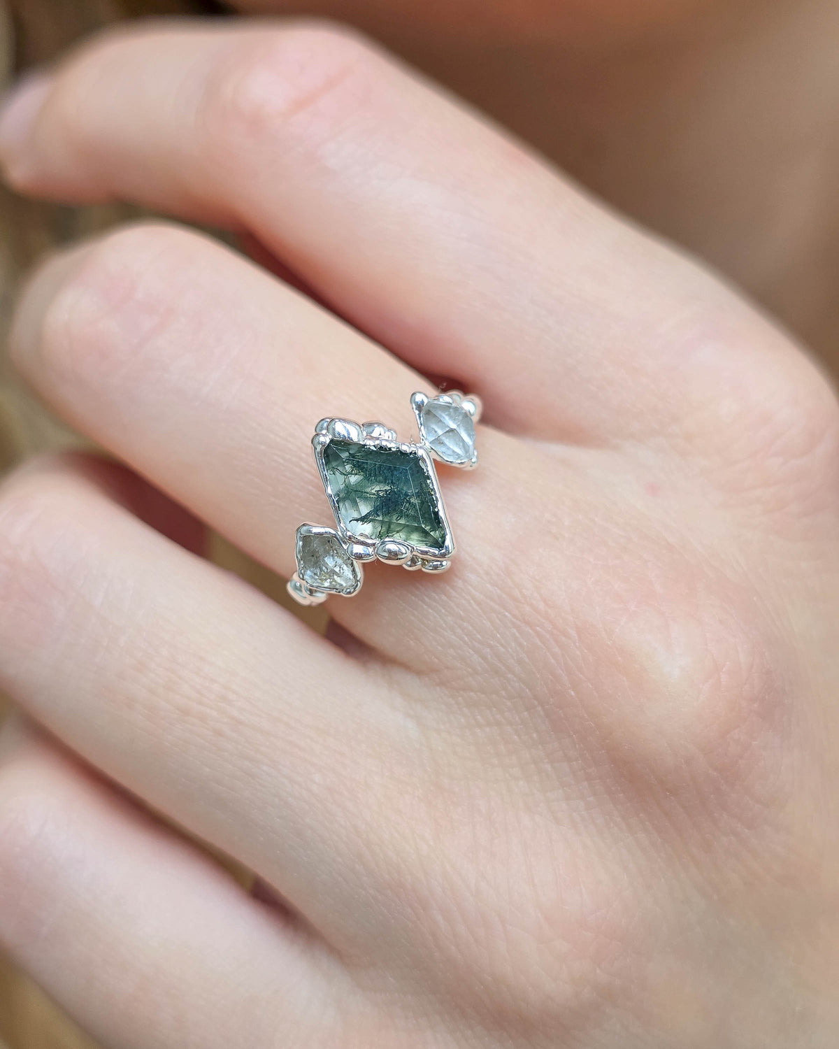 Bague Agate mousse losange, Réglable T56/59, Argenté