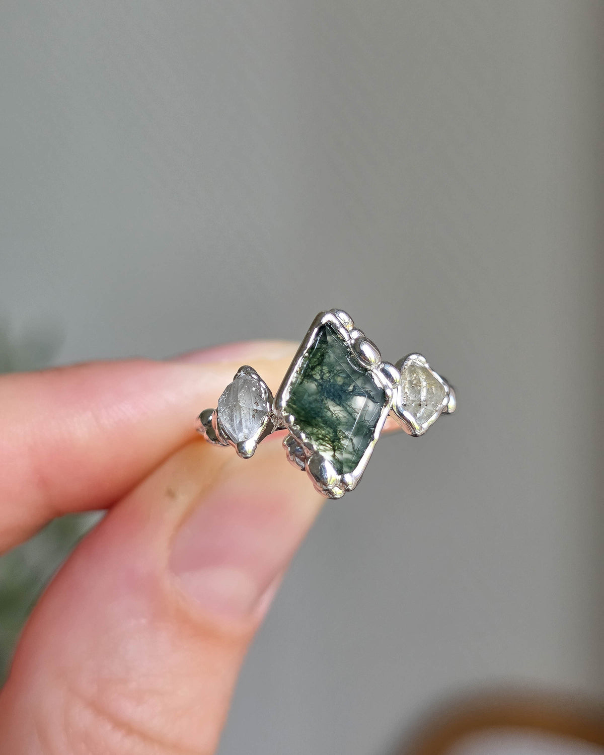 Bague Agate mousse losange, Réglable T56/59, Argenté
